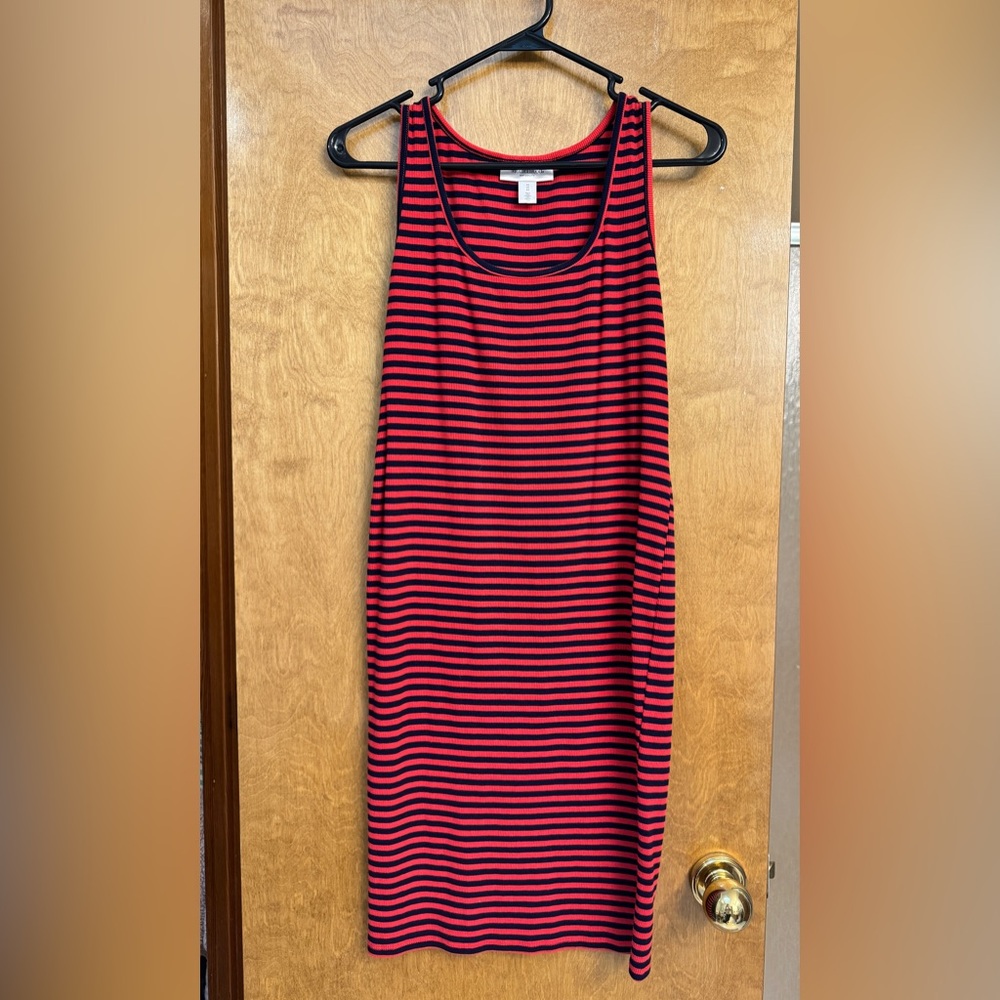 Motherhood maternity sleeveless midi dress, stretchy, red and navy blue stripes